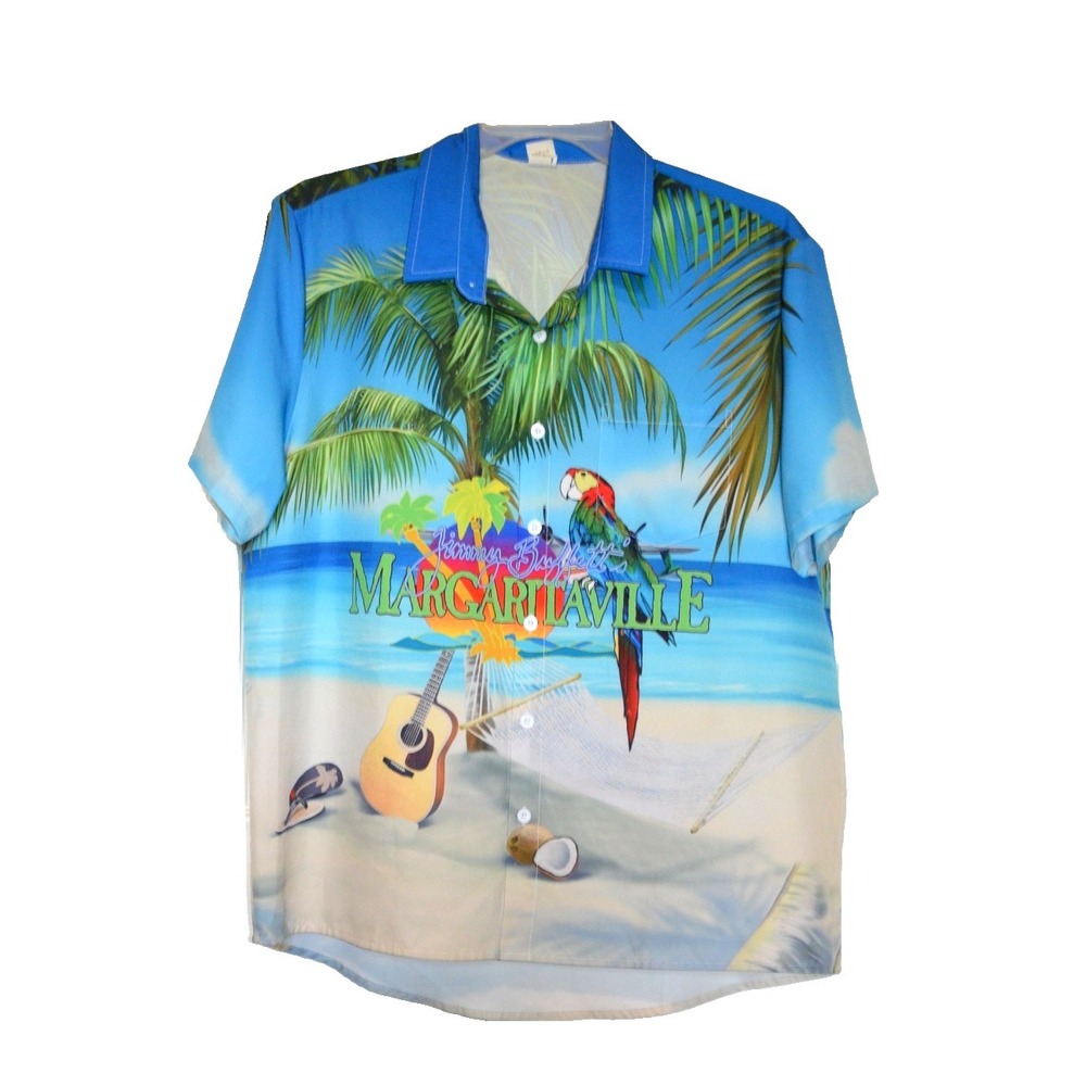 Margaritaville Shirt Mens L Guitar Parrot Palm Trees Hawaiian Aloha Camp Print